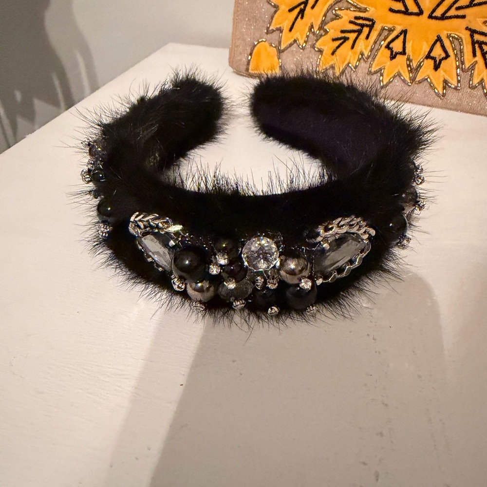Chic Black Fur Headband with Crystal Accents